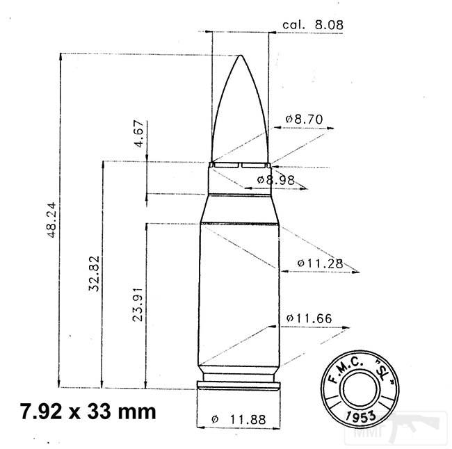 3938 - Dimensions and head stamp of the Argentine 7.92x33mm cartridge made by FMC-SL for the CAM 1 assault rifle.