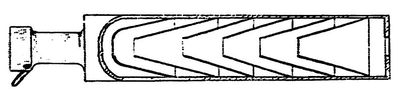 7497 - Один из вариантов глушителя к карабину «Маузер-98-К» состоял из шести кони¬ческих перегородок, отклоняющих газовый поток от центра к внутренней поверхности корпуса. В этой конструкции использован также отсекатель опережающих пулю газов, аналогично отечественному «Брамиту».