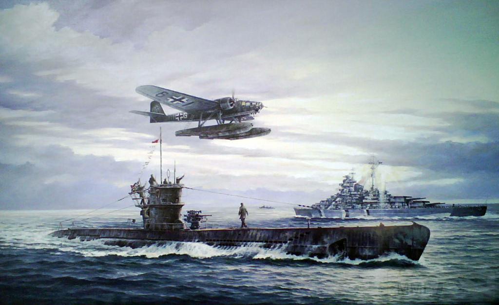 7723 - U-556 returns to base , in background battleship Bismarck